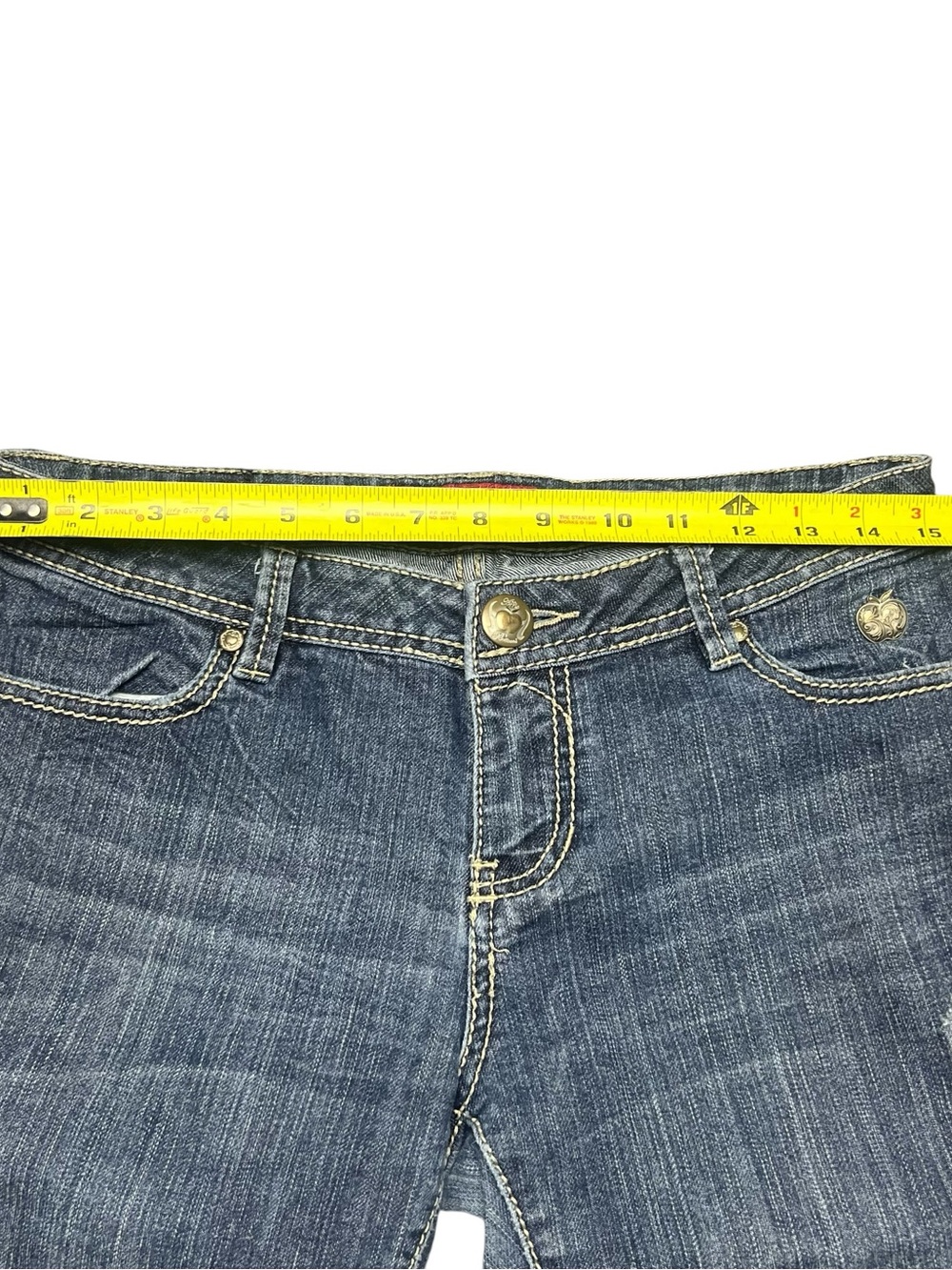 Y2K Apple Bottoms Low Rise Studded Dark Indigo Jeans Red Brand Label Size 7/8 M - Picture 6 of 8